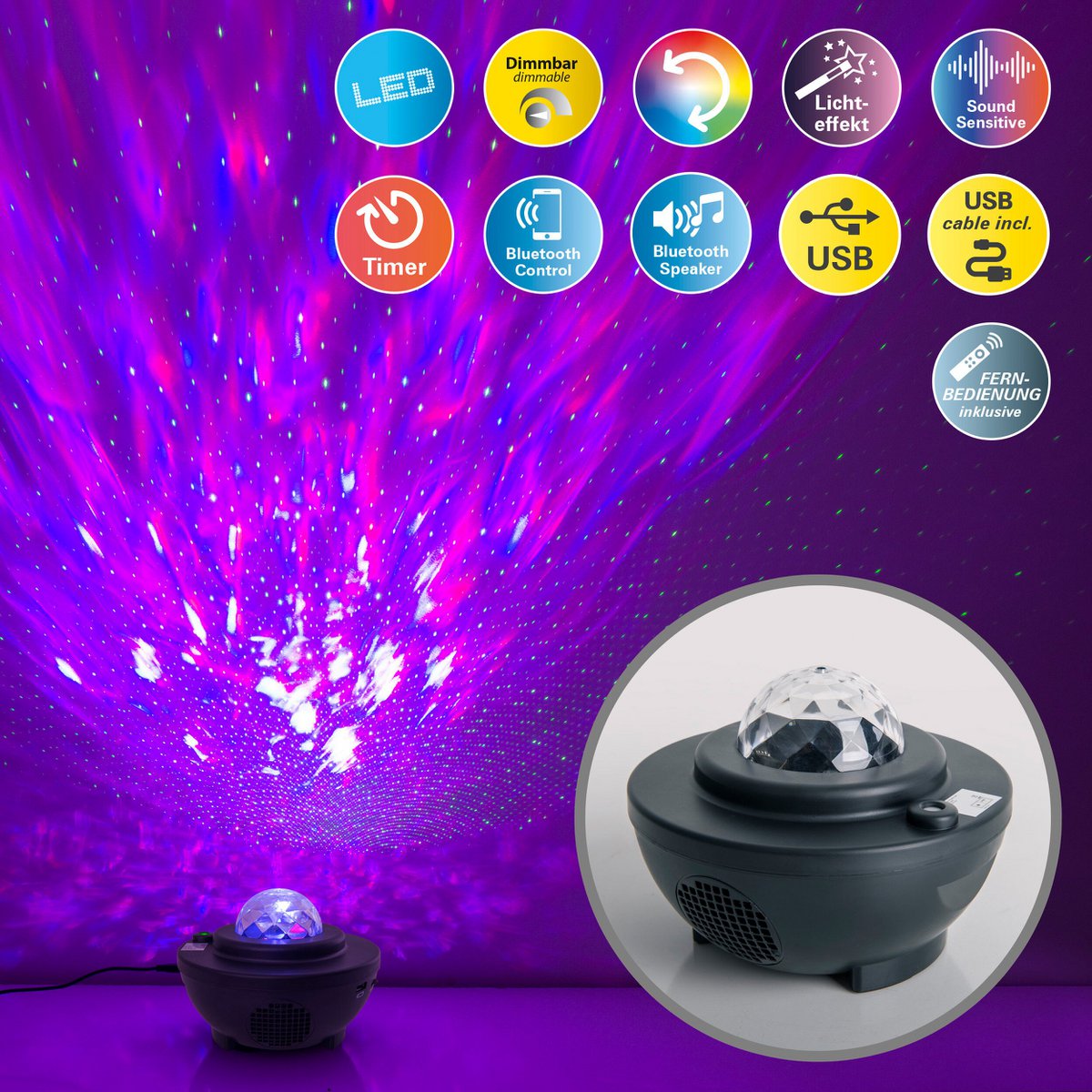 Atmosferische Galaxy LED -projector, decoratieve verlichting gemaakt van plastic, kleurrijke, geïntegreerde LED, voor binnen