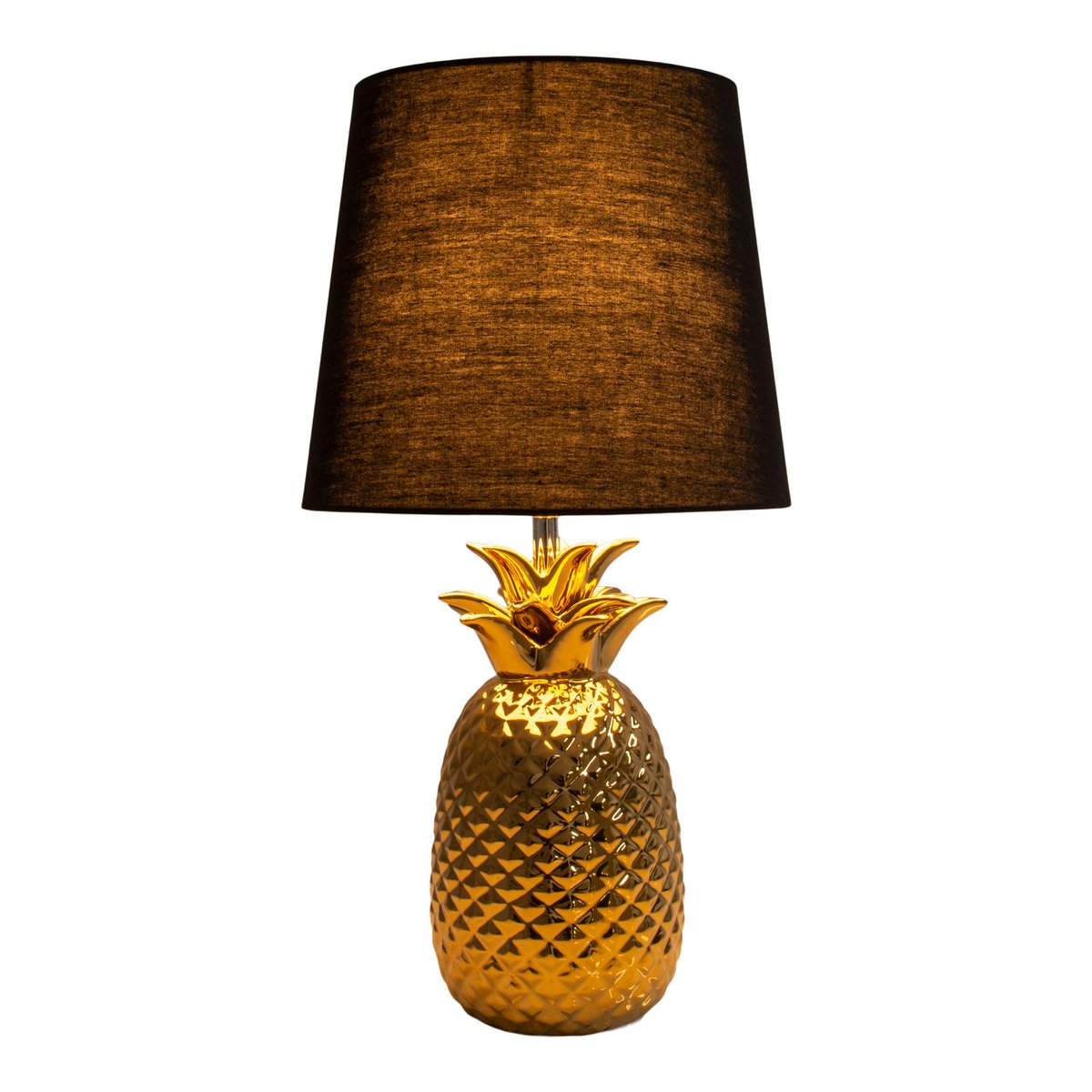 Keramische tafellamp "ananas", tafellamp gemaakt van keramiek met goudkleurig glazuur en zwart stofscherm, met E14-aansluiting, voor eetkamer, woonkamer, gang of kantoor, tafellamp 45 cm hoog