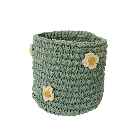 Luna -Leena Basket Sea Green met organische bloemen - H13x12øcm - Dikke katoen - Handhaak in Nepal