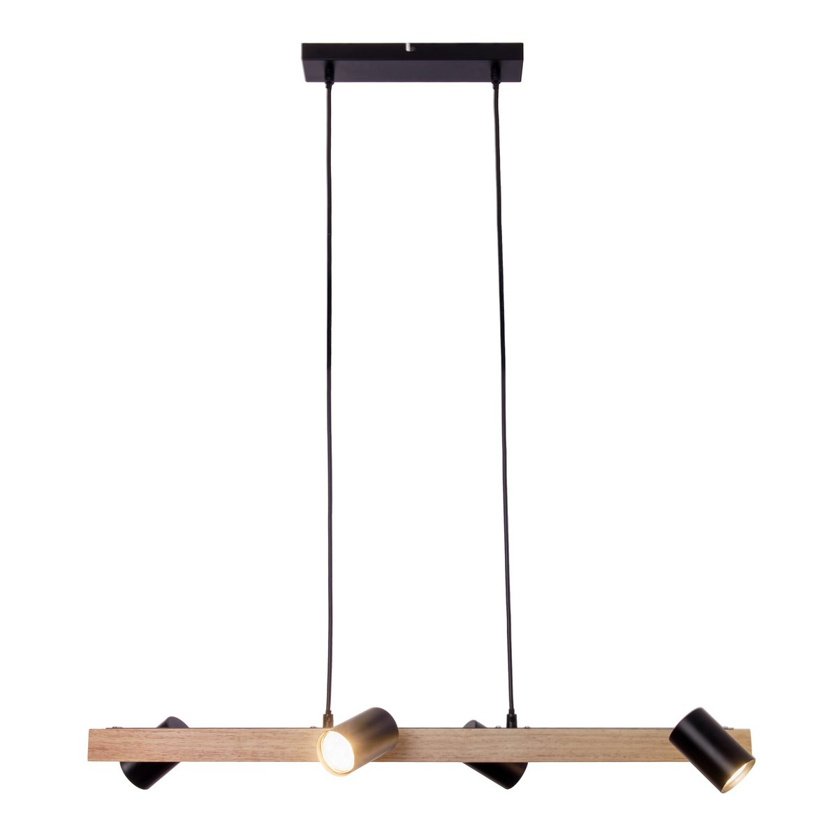 4 hanglamp "Frida" metaal en hout in zwart, en de natuur, hangende lamp, GU10, hanglamp voor eetkamer, woonkamer, gang of kantoor, 80 cm lang