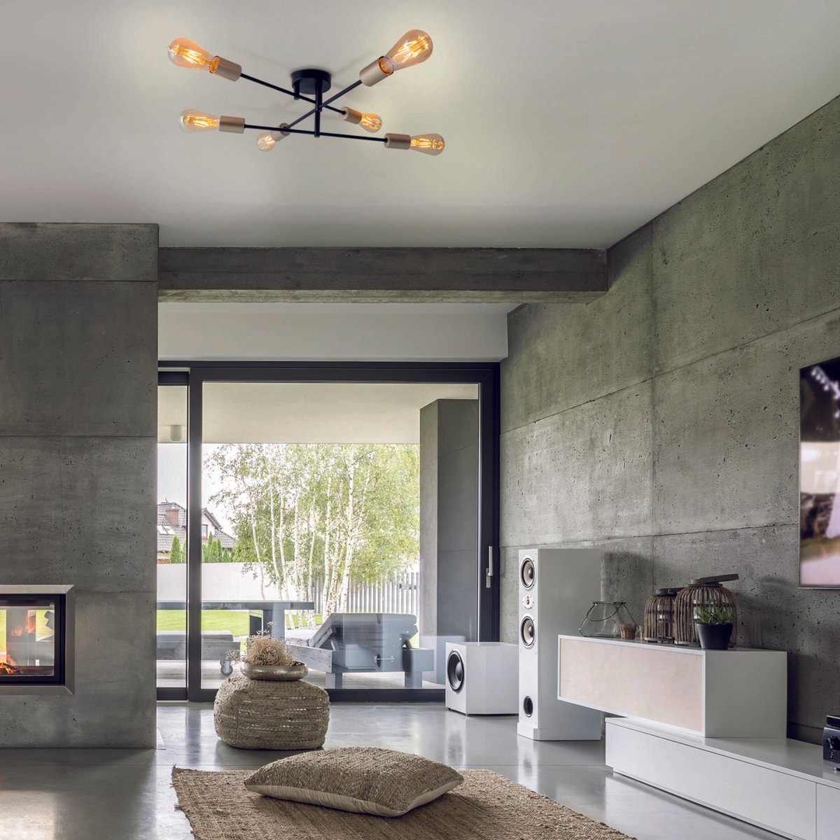 Plafondlicht "Modo" 6-flame gemaakt van metaal in zwart, versies goud, E27-aansluiting, plafondlamp voor woonkamer, eetkamer, keuken, gang, gang of kantoor met een Øvon 54,5 cm