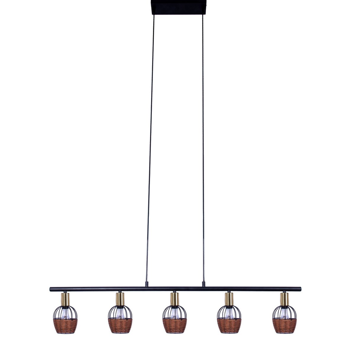 5 hanglamp "Corbis", echtelijke lamp gemaakt van zwart in zwart, met goud en rotan, met E14 -aansluiting, voor eetkamer, woonkamer, gang of kantoor, 100 cm lang