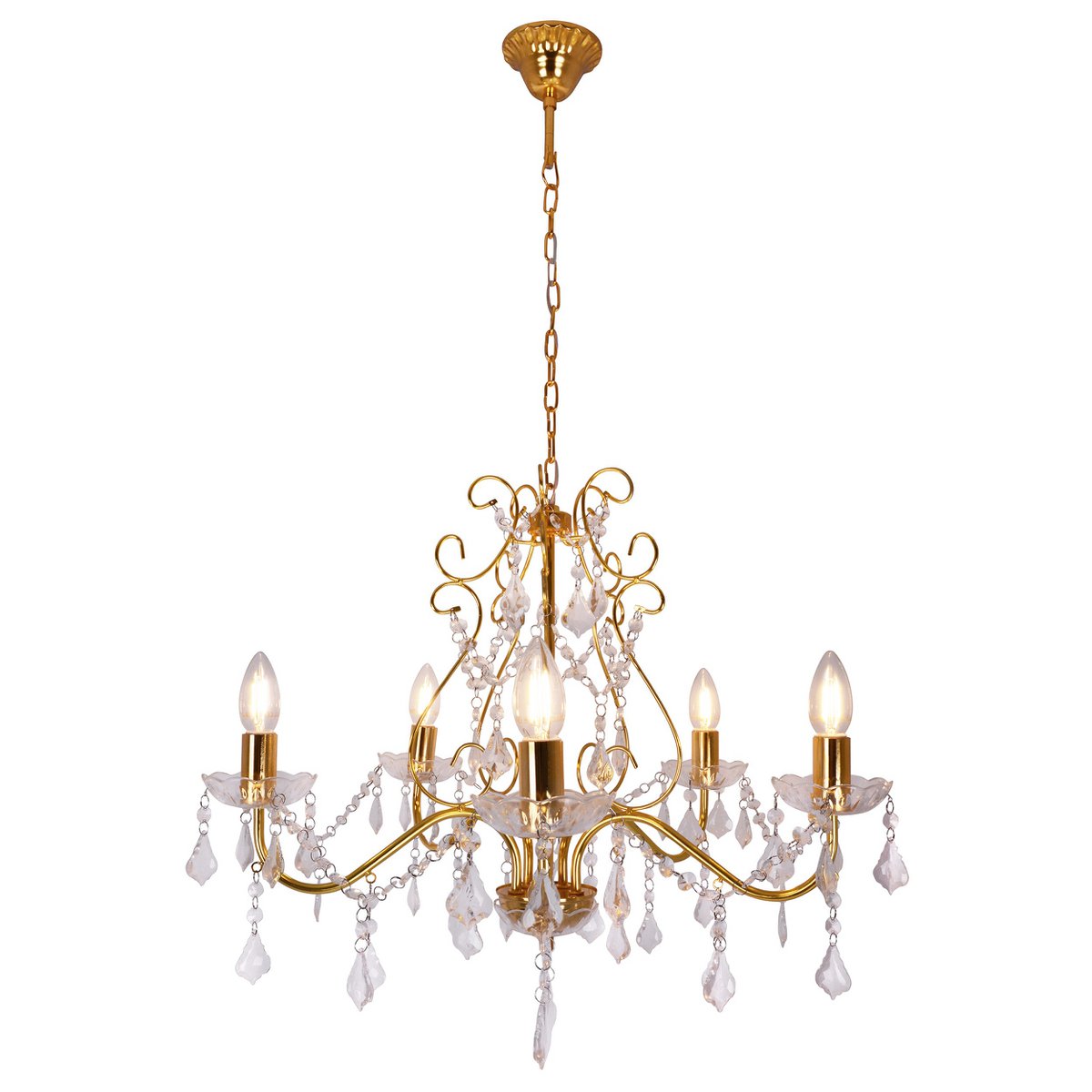 Krone 5flg. "Lucia" met gordijn, gemaakt van metaal en plastic in goud, met E14 -versie, verlichting voor eetkamer, woonkamer, gang of kantoor