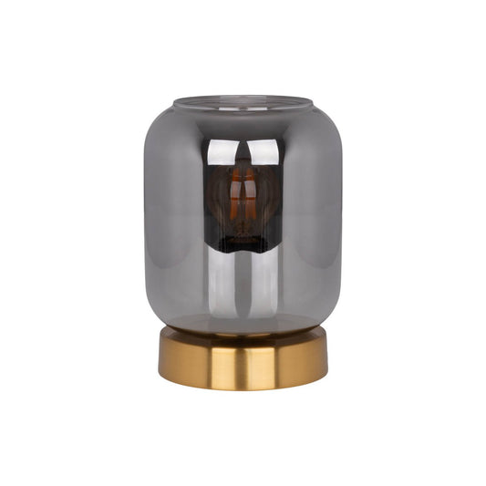 Glazen tafellicht "Alessio", 17 cm hoog, Ø 12 cm, goudkleurig metaal, rookglas, E14