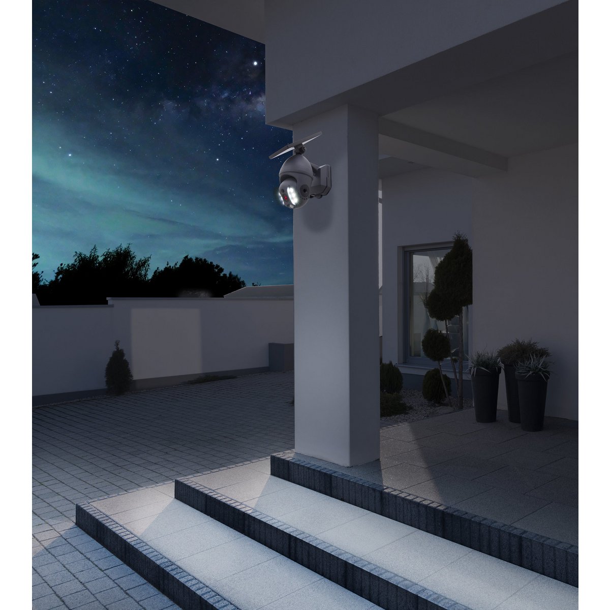 LED -zonne -buitenwandlamp "Moho" met bewegingsdetector en beveiligingscamera -vouw, wandlicht gemaakt van plastic in grijs, met geïntegreerde LED