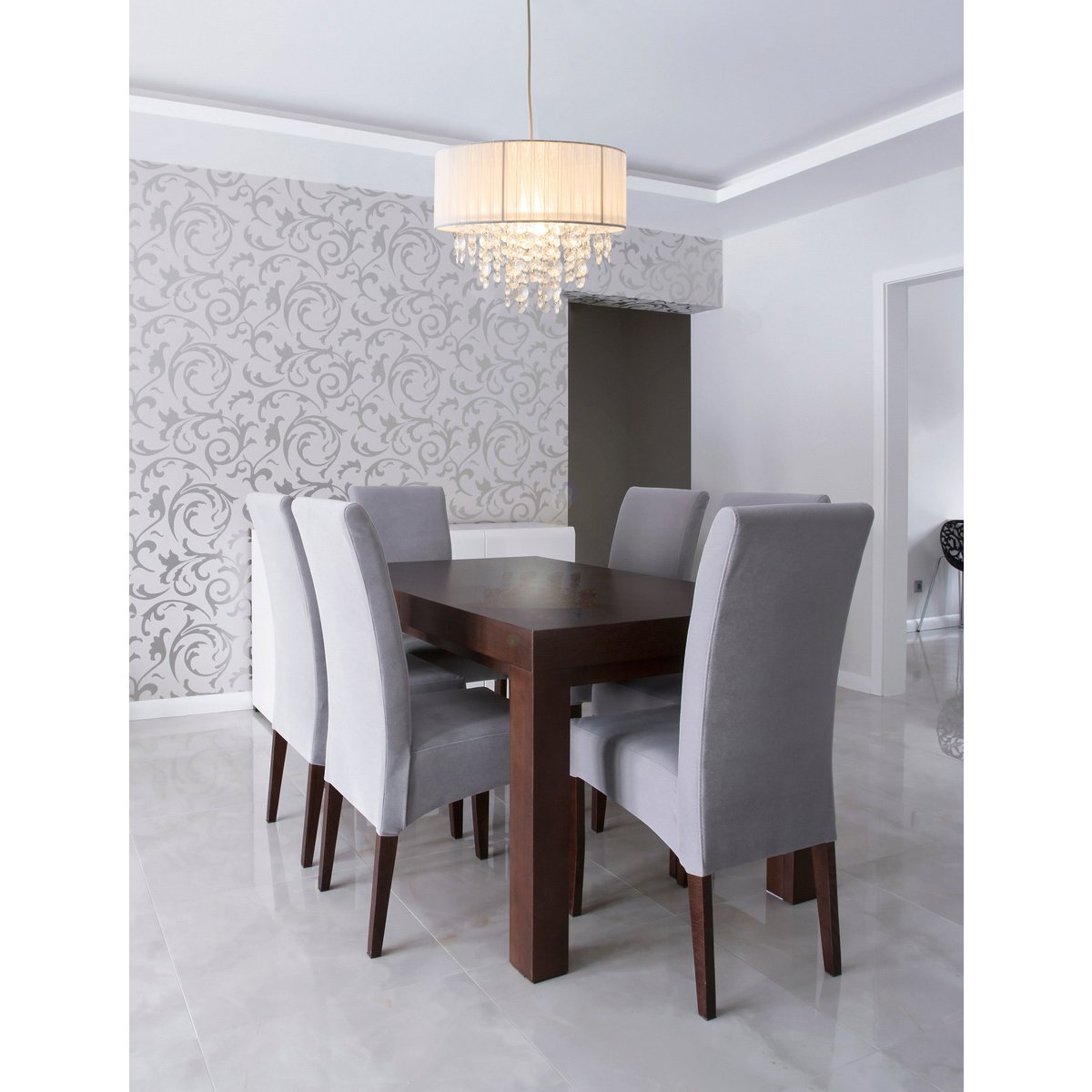 Decoratieve hanglamp "Crystallo", hanglamp gemaakt van metaal, transparant plastic en wit textielmateriaal, E27 -aansluiting, voor eetkamer, woonkamer, gang of kantoor, 30 cm diameter