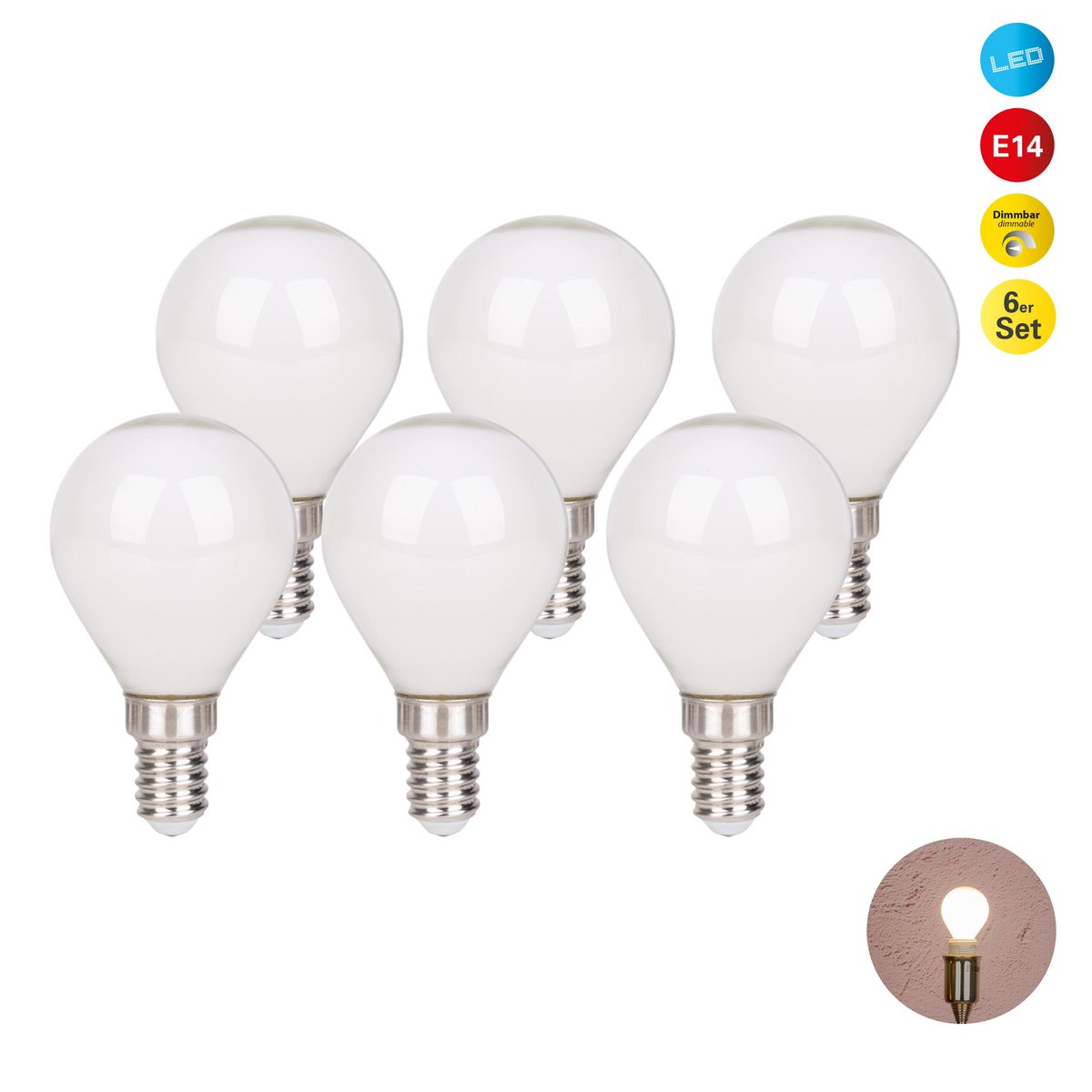 6 Set LED -lamp met E14 -aansluiting, peervorm 4 watt, gemaakt van metaal en glas, melkachtig
