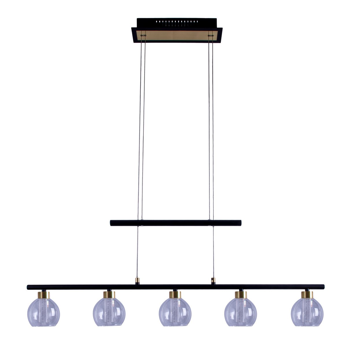 LED-glazen hanglamp "messing" zwart, klassiek, hangende lamp gemaakt van zwart metaal en glas, met stevig ingebouwde LED's, verlichting voor woonkamer, eetkamer of kantoor, 90 cm lang