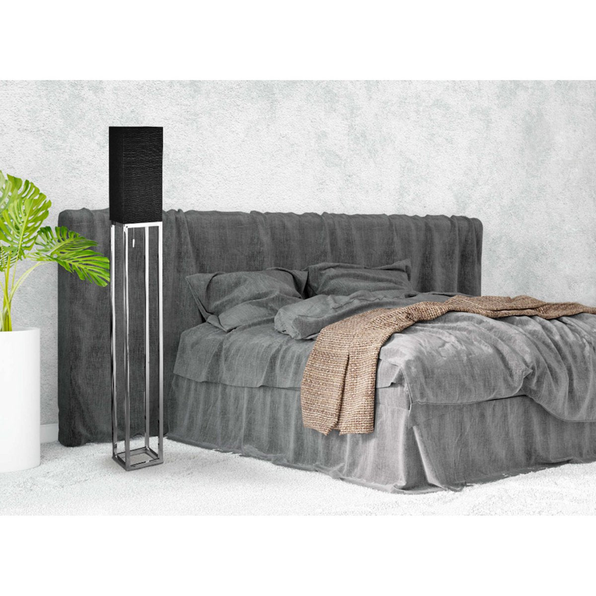 Staande lamp "Alfa", moderne vloerlamp gemaakt van metaal en textiel in chroom/donkergrijs, met E27 -aansluiting, 150,5 cm hoog, chique lamp voor gang, woonkamer en kantoor