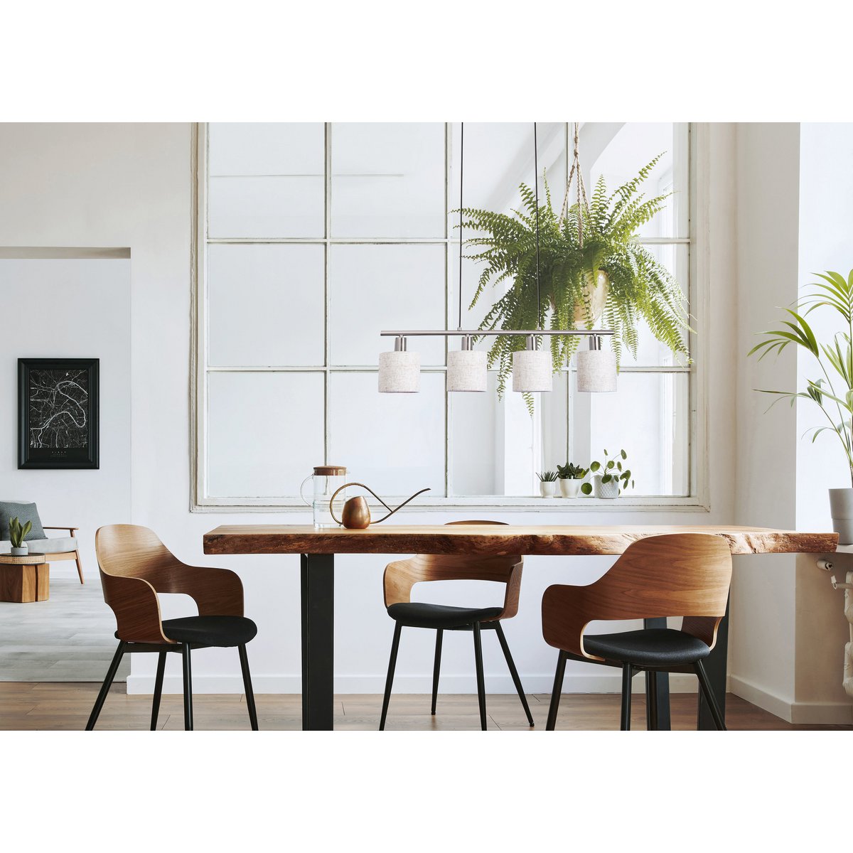 4 hanger lamp "maron" gemaakt van metalen satin mat met stof paraplu's in de natuur, met E14-aansluiting, lamp voor woonkamer of eetkamer, 71,5 x 12 cm