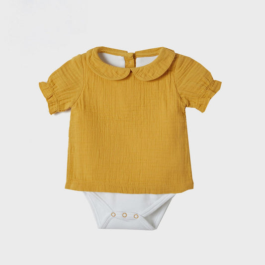 OrganicEra Biologische Mousseline PeterPan Kraag Shirt Body, Mosterd