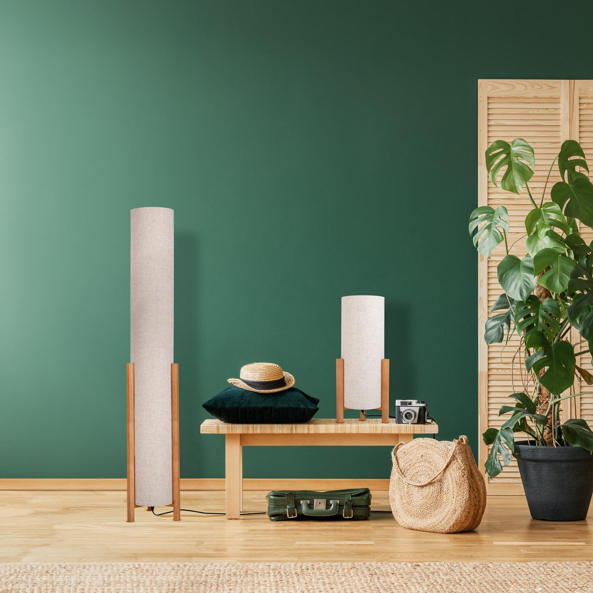 Tafellamp "Matilda" klassieke tafellamp met natuurlijk uiterlijk door hout en stofscherm, E27 -aansluiting, 110 cm hoog