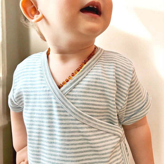 OrganicEra Organic Baby S/S Kimono body, aqua gestreept