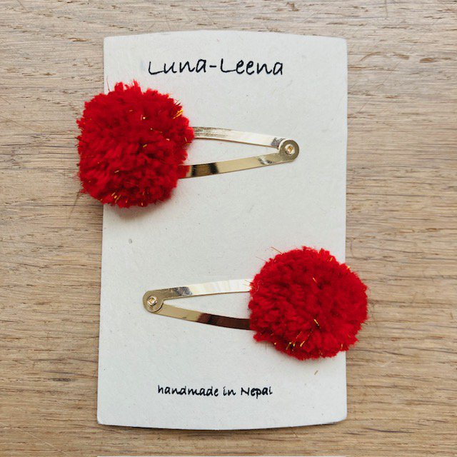 Luna -Leena Hair Clips POM POM 2X - ROOD & GOUD VLAKKEN - Zachte wol - Handgemaakt Nepal