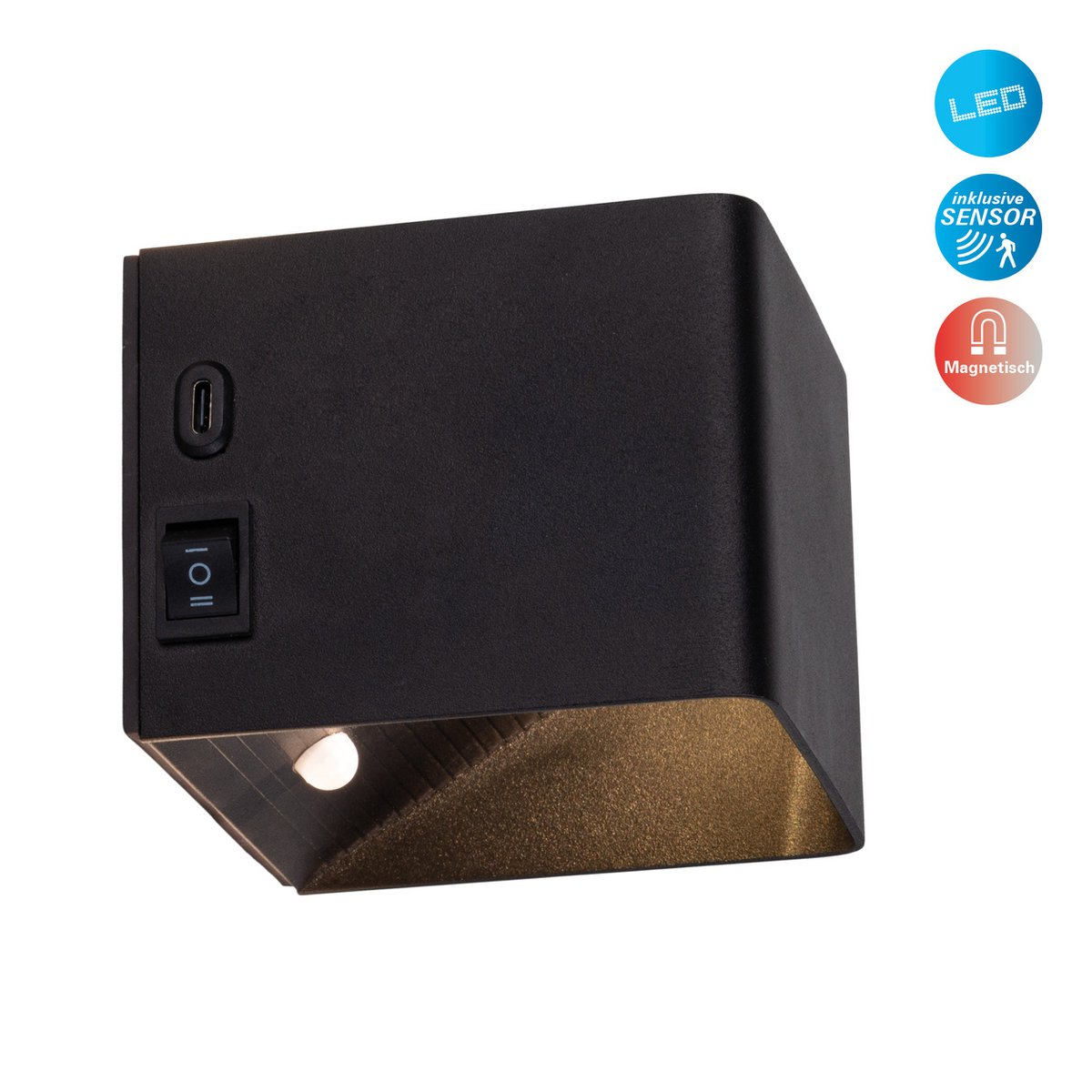 Cordy-wall licht "kubus" magnetisch, ca. 10 x 10 cm, gemaakt van black metal, met bewegingssensor