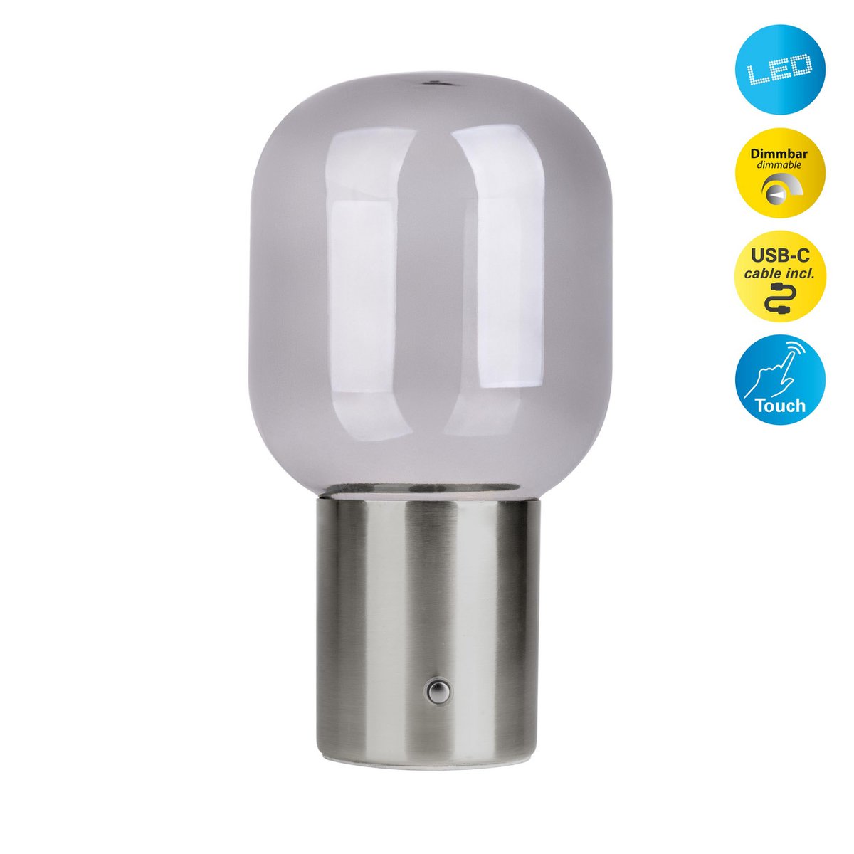 Draadloos tafellicht "Albero" decoratief tafellicht gemaakt van chroomkleurig metaal en glas met stevig geïnstalleerde LED's, dimbaar met aanraaksensor, 25 cm hoog
