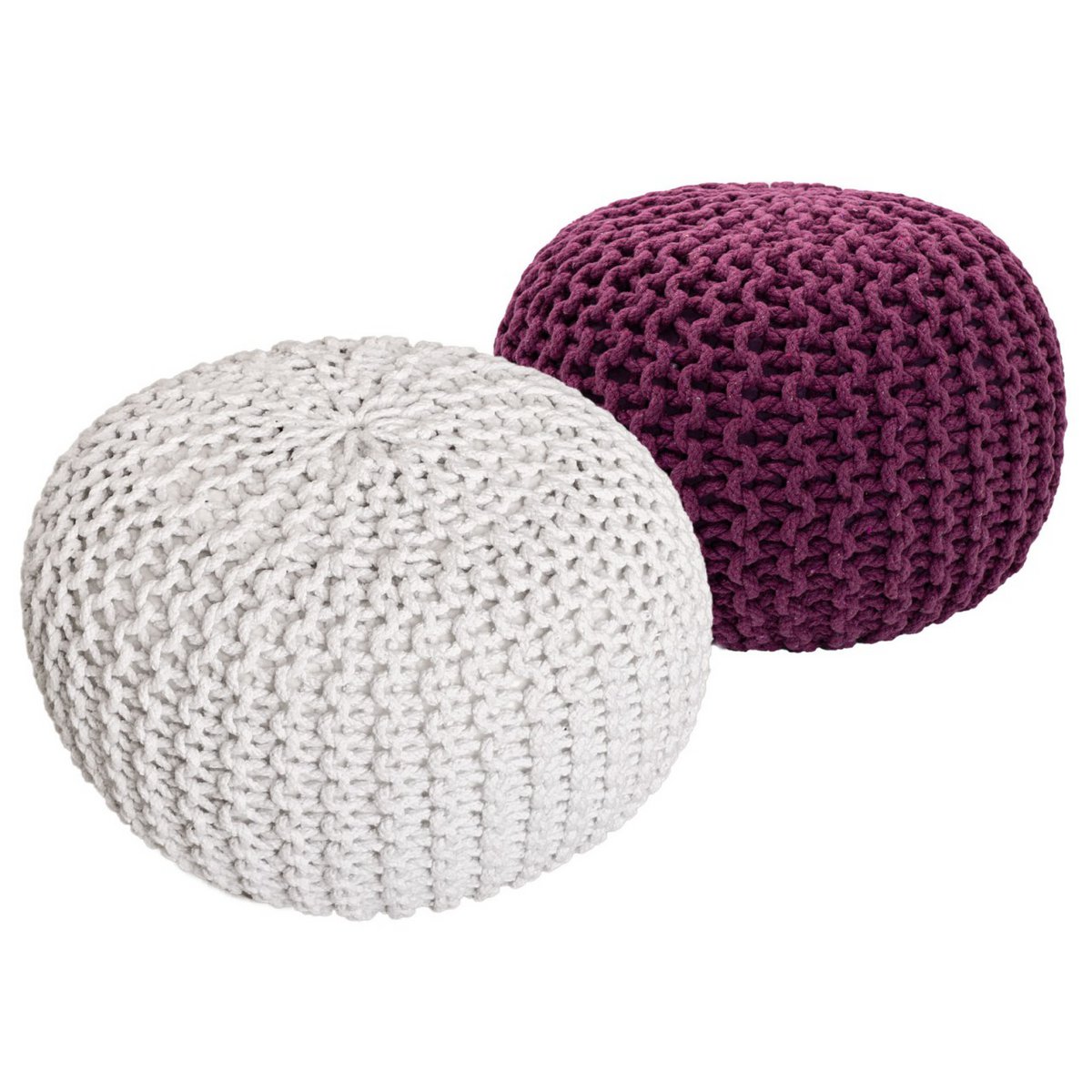 Sitzhocker Pouf SET 2 Stück Ø 55 cm H 37 cm Strickhocker Bodenkissen Grobstrick-Optik nachhaltig