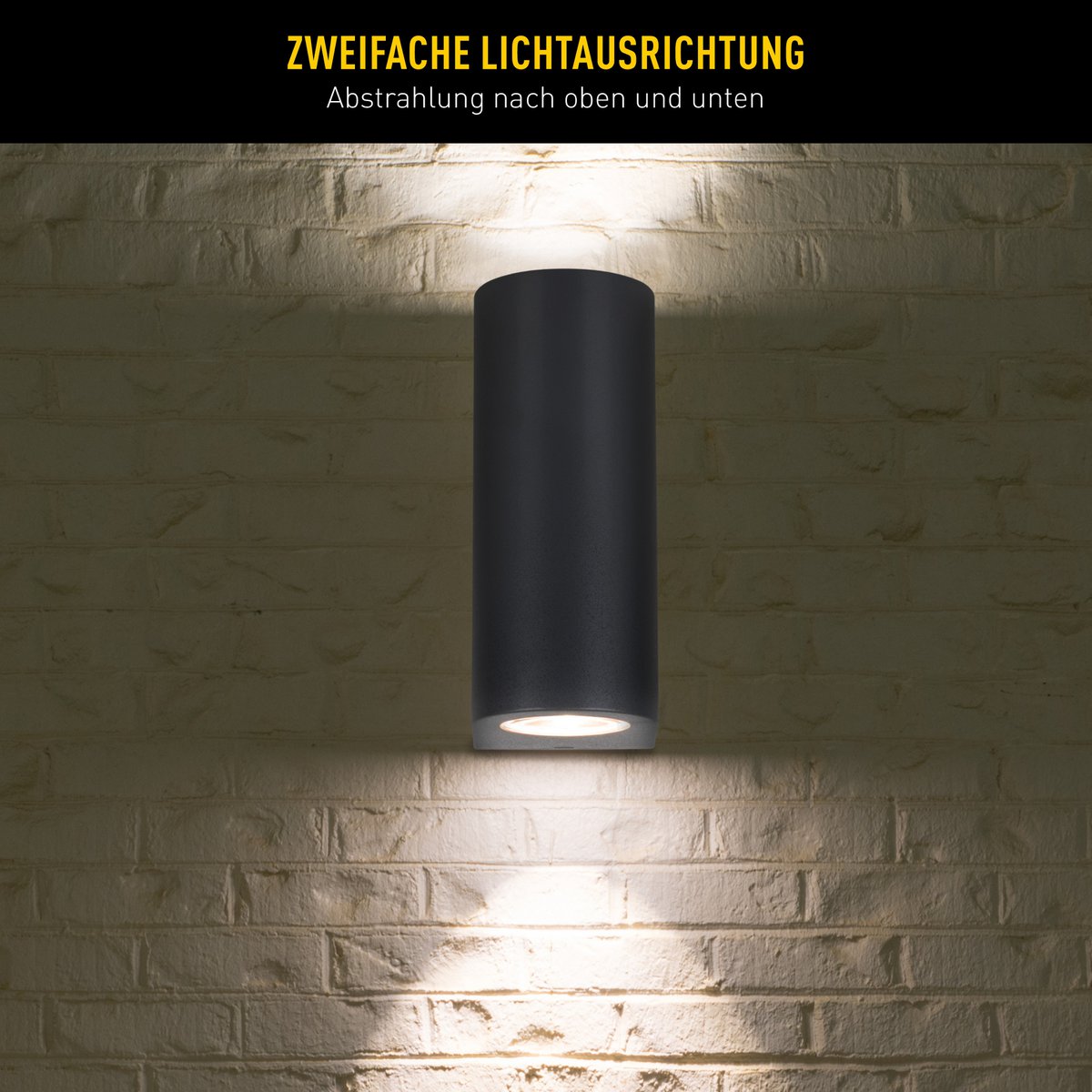 Buiten wandlamp "Alecto" meet 6,8 x 8,8 cm en is 15,5 cm hoog. Het bestaat uit een hoogwaardig plastic met een enigszins gestructureerd oppervlak dat eruit ziet als geschilderd. Tijdloos zwart maakt de lamp universeel bruikbaar.