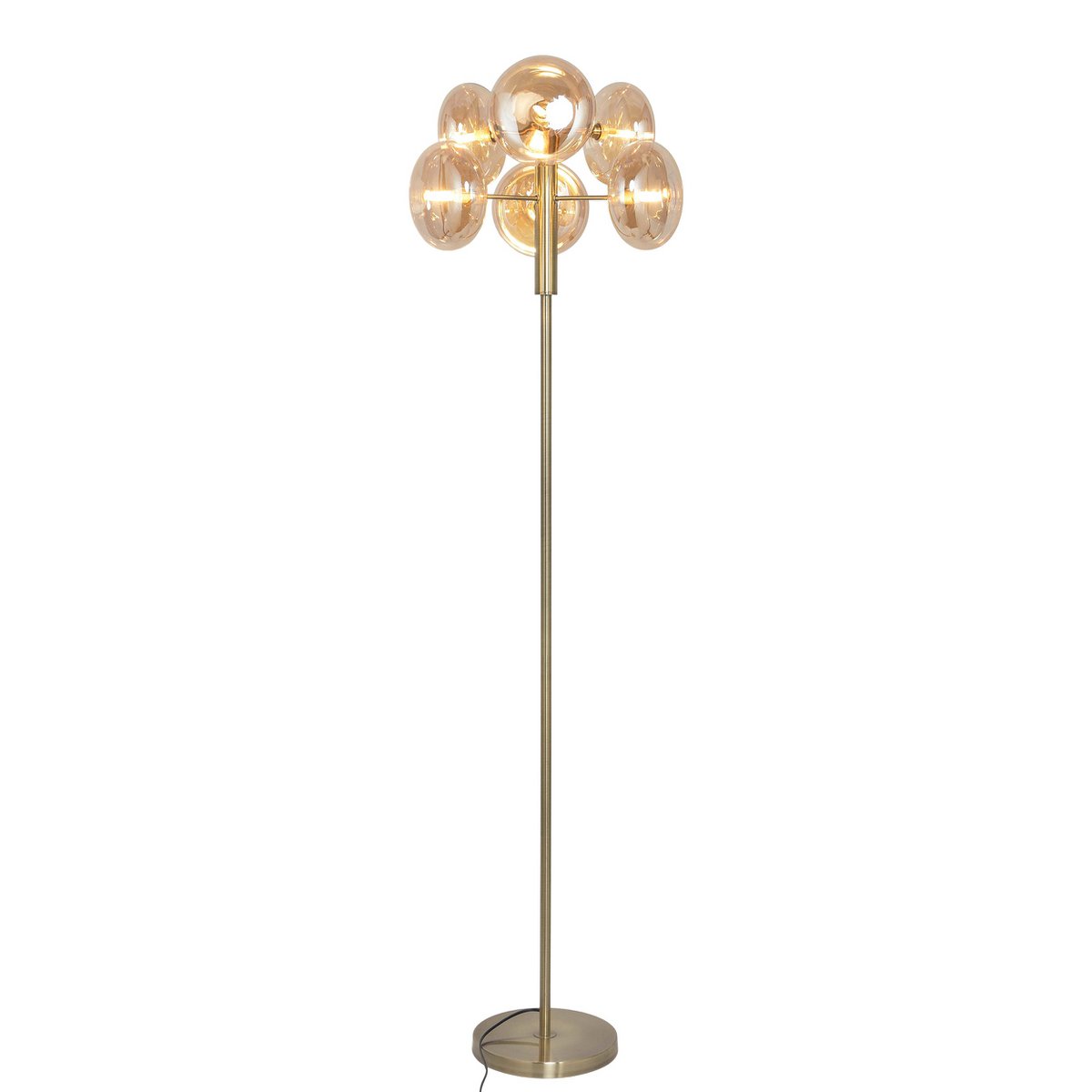 Staande lamp "Orion" ongeveer 165 cm hoog, gemaakt van messing gekleurd metaal en glas in barnsteen, G9-basis, verlichting voor woonkamer, eetkamer of kantoor.