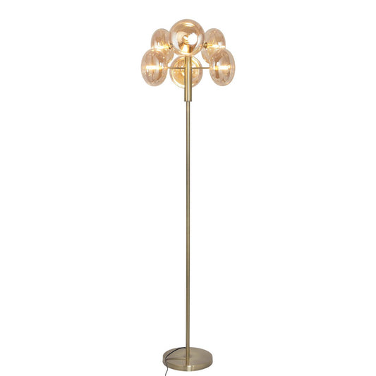 Staande lamp "Orion" ongeveer 165 cm hoog, gemaakt van messing gekleurd metaal en glas in barnsteen, G9-basis, verlichting voor woonkamer, eetkamer of kantoor.