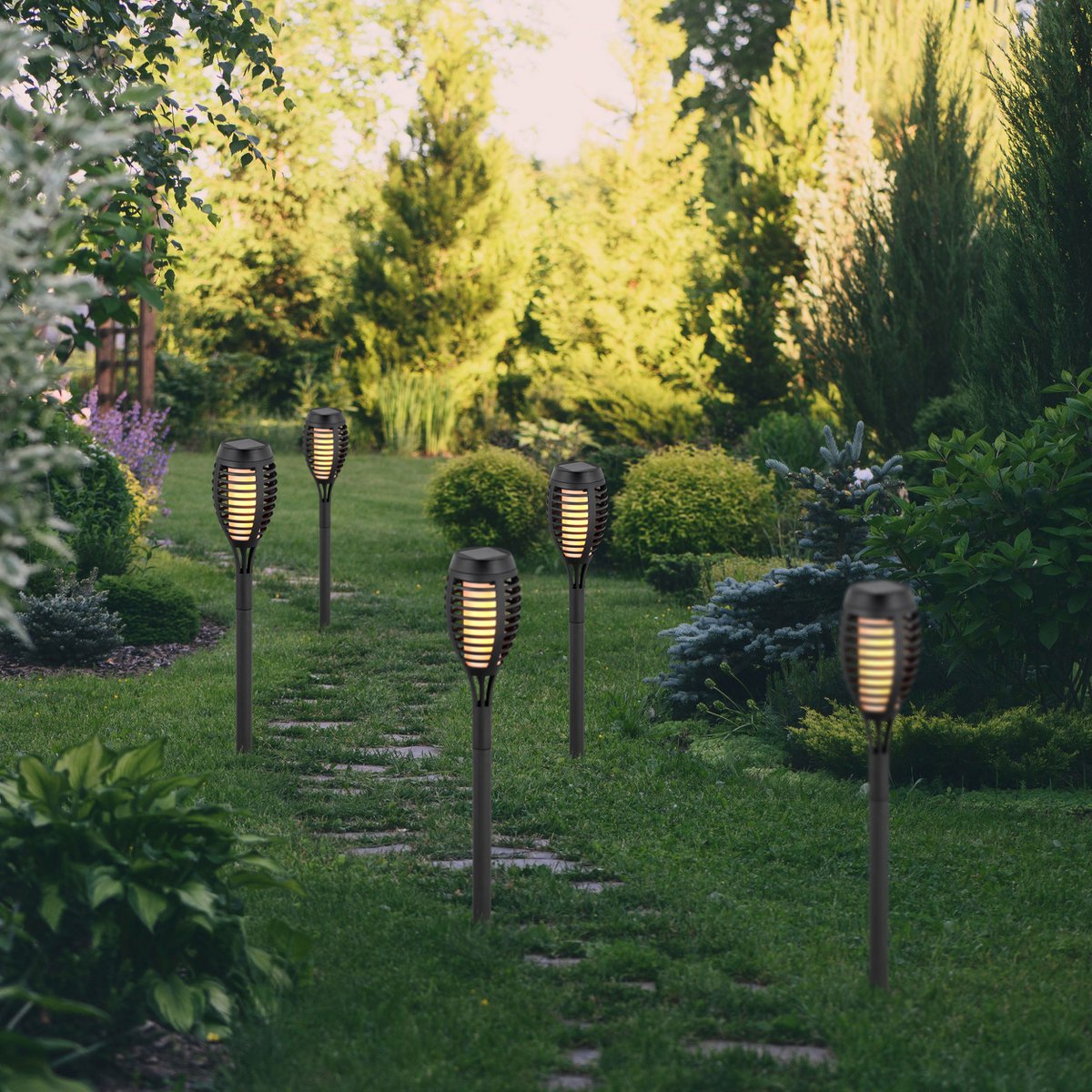 5 Set LED -aarde spies "Torch" 45 cm gemaakt van grijs plastic, met geïntegreerd LED, zonnelampje voor buiten