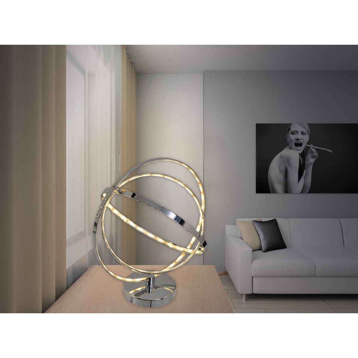 LED -tafellamp 39 cm, chroom -gekleurd metaal, geïntegreerde LED's.