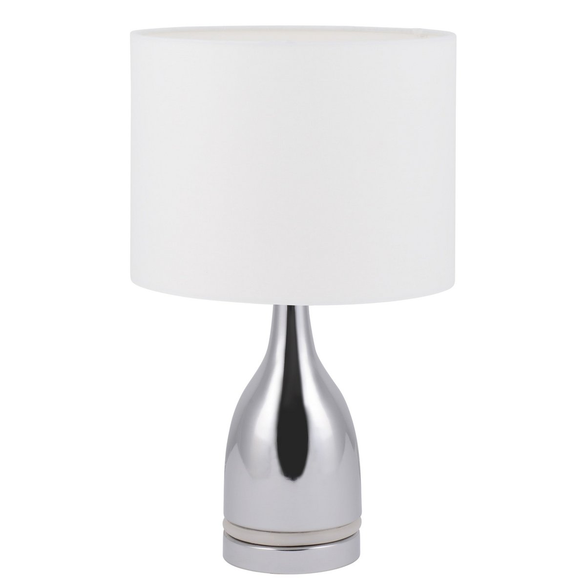 De "Cosima" LED -tafellamp is 43,5 cm hoog, paraplu Ø 25 cm, gemaakt van metaal, plastic, textielmateriaal in de kleuren chroom en wit. Beide geïntegreerde LED's in de Light Foot en E14 -versie