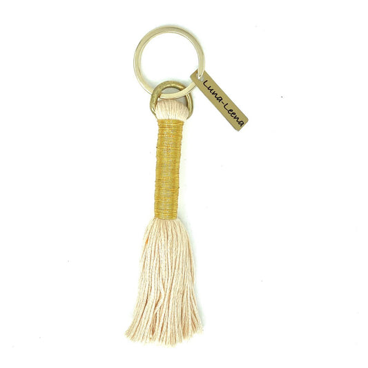 Luna -Leena Keychain Long Tassel Gold - Bag Charm - Organisch katoen en dunne gouddraad - Handgemaakt in Nepal - Bag Hanger