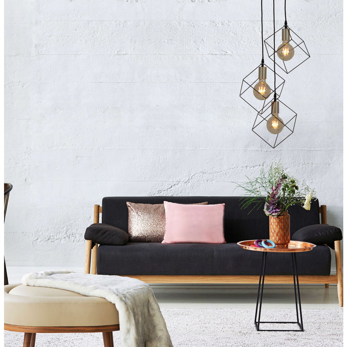 3 Flame hanglamp "Canto", hintlamp gemaakt van zwart en goud, E27-Socket-versie, voor eetkamer, woonkamer, gang of kantoor, 39 x 39 cm