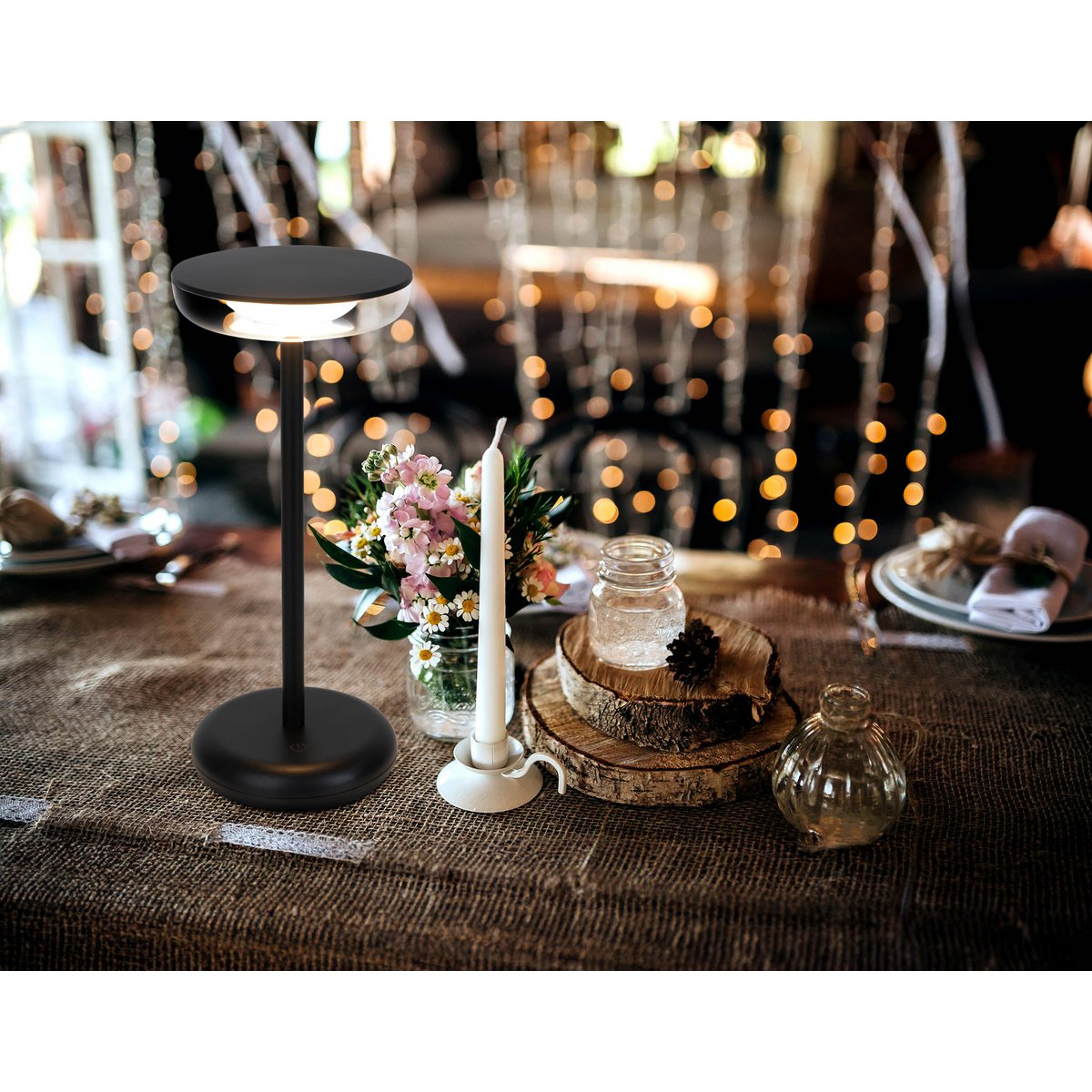 Noteloze tabletlamp "PASI" voor buiten en binnen, gemaakt van metaal en plastic in zwart, dimbaar, met aanraking en geheugenfunctie, ca. 26 cm hoog