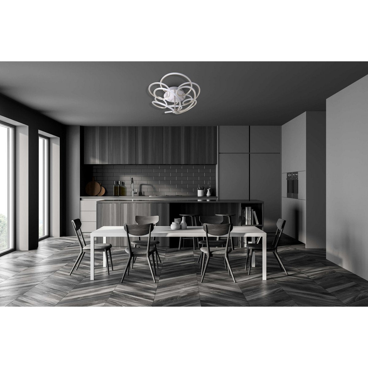 LED-plafondlamp "Rizado" Ø: 57 cm gemaakt van metaal in satijnen nikkel en plastic, met stevig ingebouwde LED's, verlichting voor woonkamers en kantoor.