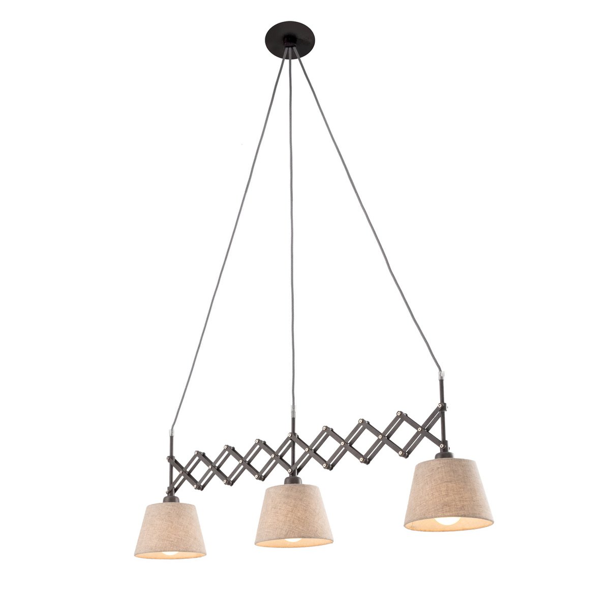 Shear hanger lamp "Adrienne", breedte uit te strekken van 52-100 cm, gemaakt van bruin metaal met natuurlijk gekleurde textiel parasols, E27-versies, verlichting voor woonkamer, eetkamer of kantoor