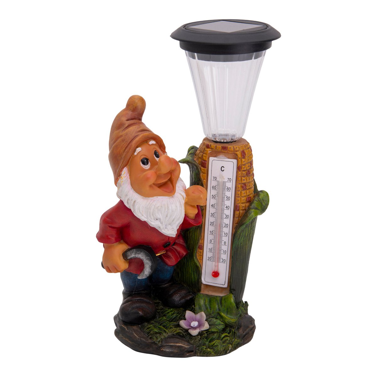 LED -decoratie Solar Light "Dwarf" met thermometer gemaakt van geschilderde polyresin, ongeveer 26 cm hoog en uitgerust met stevig geïnstalleerde LED's