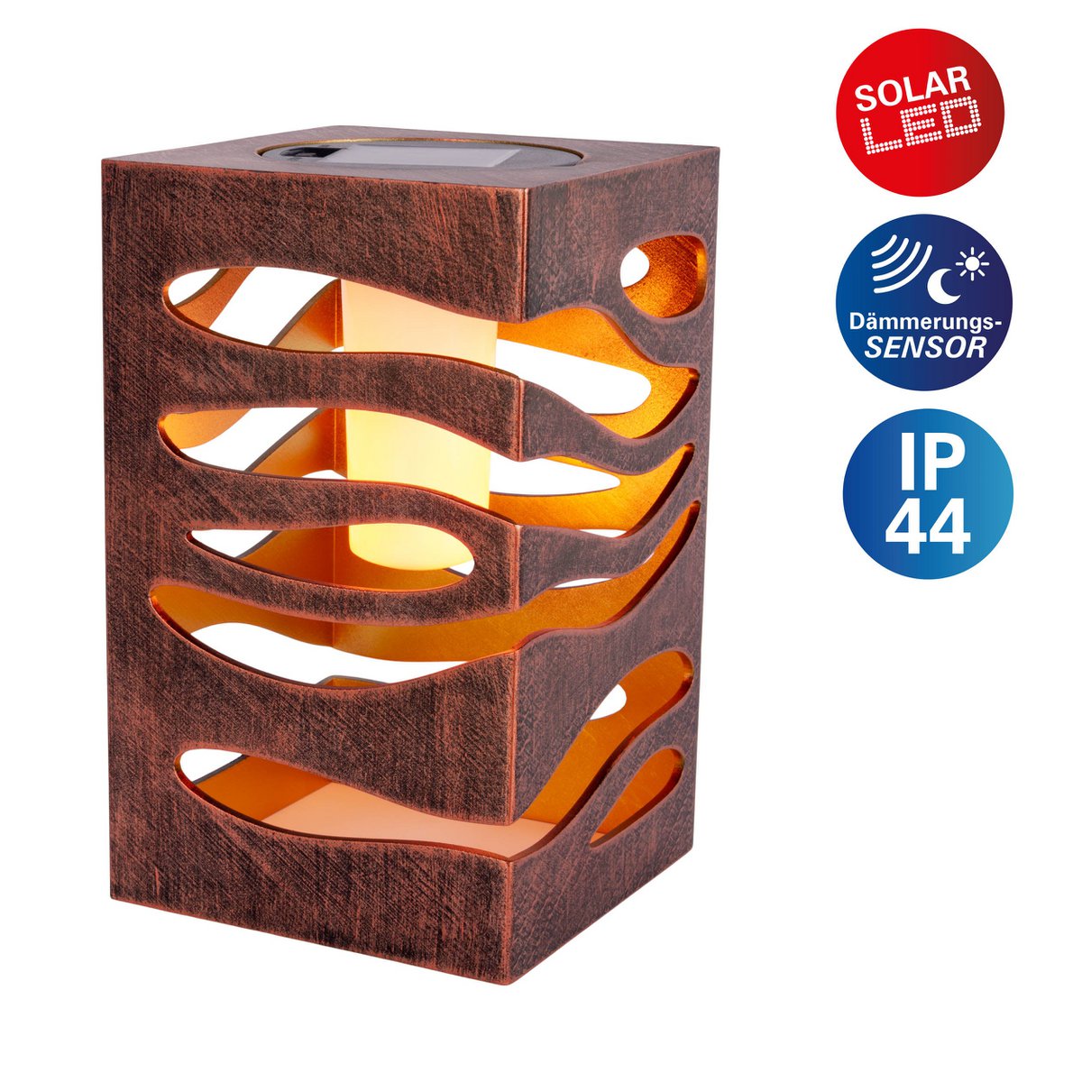 LED Decoratie Solar Light "Hilda", 12,3 x 12,3 cm, 20 cm hoog, gemaakt van hoogwaardige plastic, binnen goud, goudbruine metalen afwerking, geïntegreerde LED, warm wit