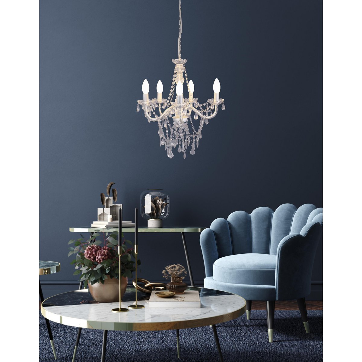 5 Kroon "Cecilia" voor E14 -aansluiting, Ø 52 cm, gemaakt van metaal en acryl, in wit