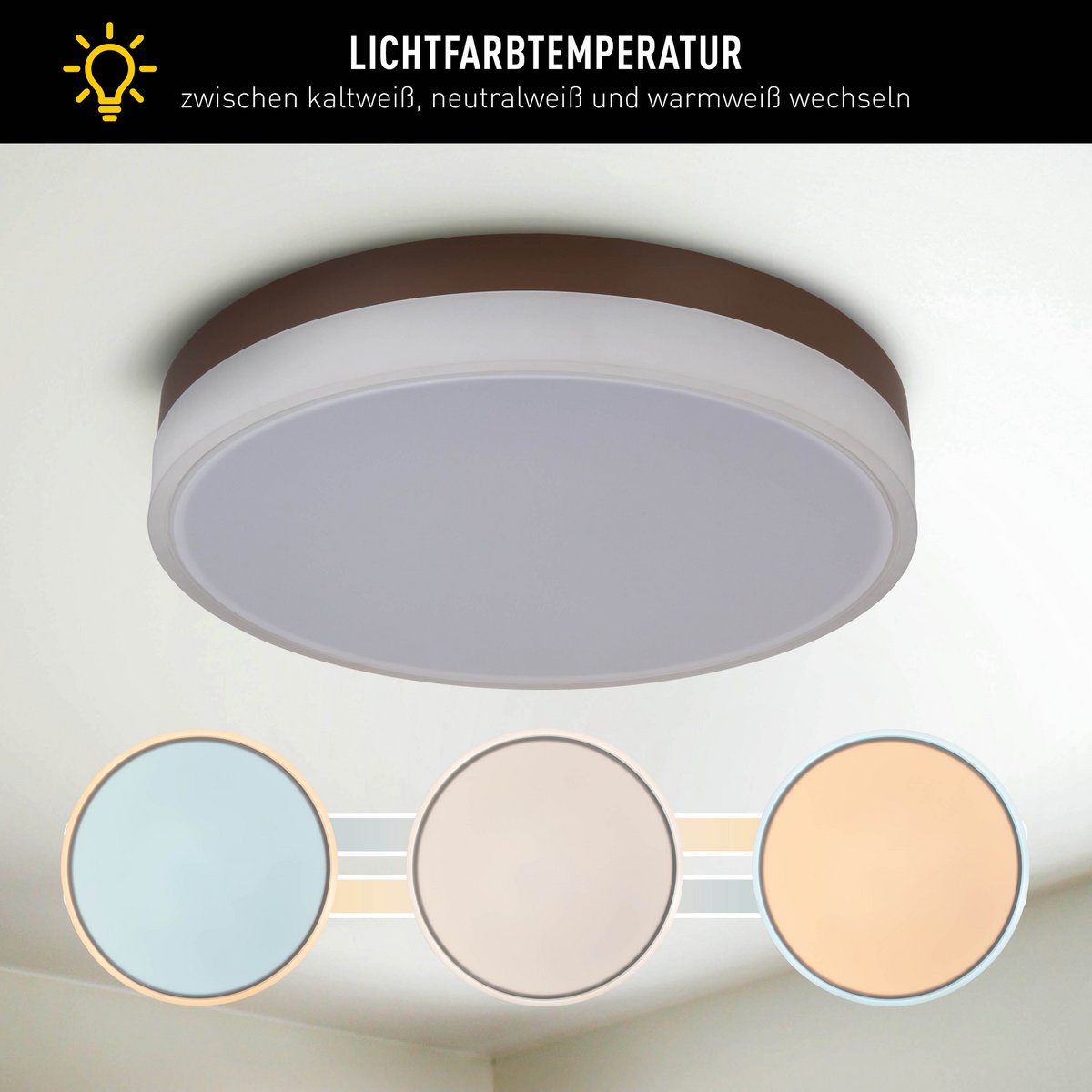 LED-plafondlicht "Lola" Ø van 50 cm, 9 cm hoog, metaal en plastic in bruin en wit, geïntegreerde LED's, 1900 lm, dimmable, CCT-functie 3000-6500 K, nachtlichtfunctie