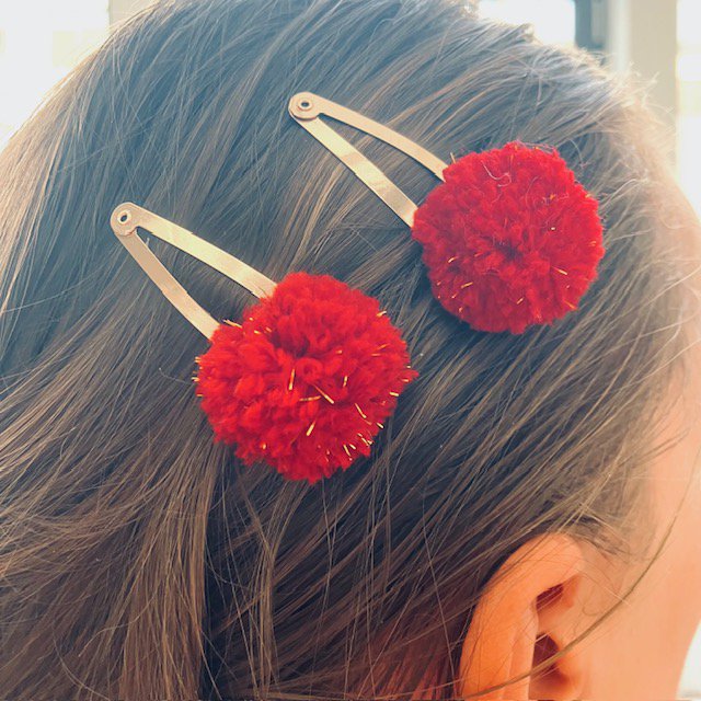 Luna -Leena Hair Clips POM POM 2X - ROOD & GOUD VLAKKEN - Zachte wol - Handgemaakt Nepal
