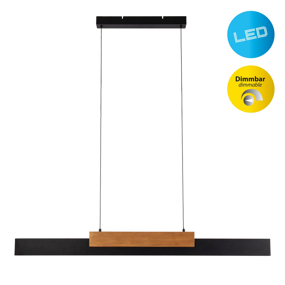 LED hanger lamp Brown "Wiebke" bestaat uit metaal en hout (MDF) in zwart en bruin. Het is ongeveer. 120,5 cm lang, ca. 6 cm breed en tot ongeveer. 150 cm hoog. Hoogte verstelbaar, met geïntegreerde lamp, dimbaar, met geheugeneffect