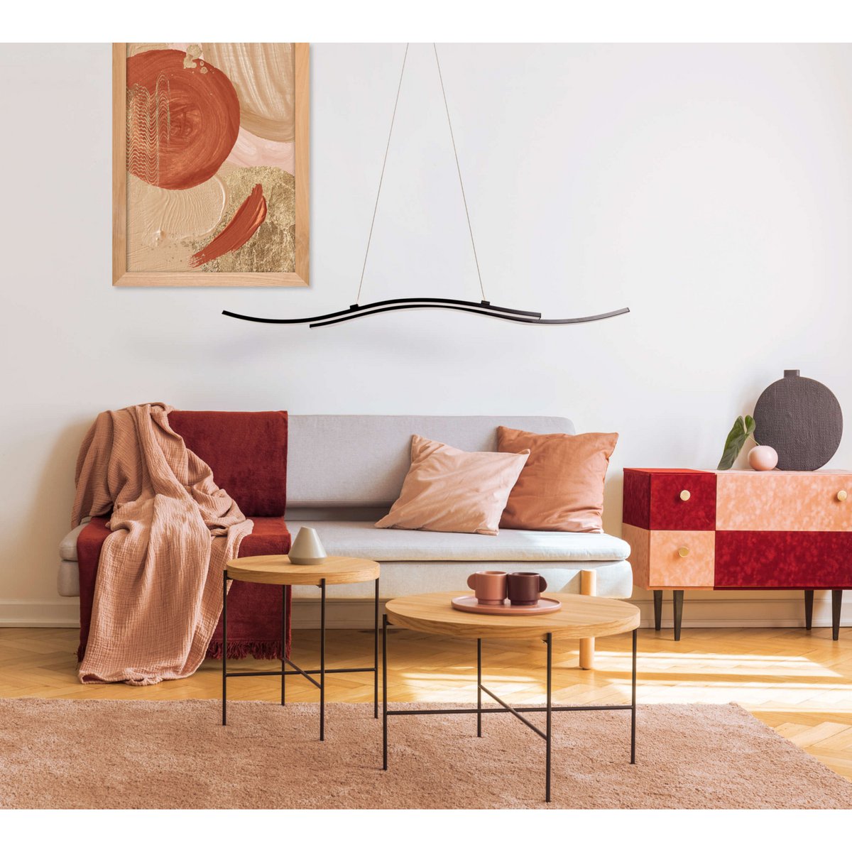 LED hanglamp "onda", hanglamp gemaakt van metaal en plastic in zwart, met stevig ingebouwde LED's, verlichting voor woonkamer, eetkamer of kantoor, 96 cm lang