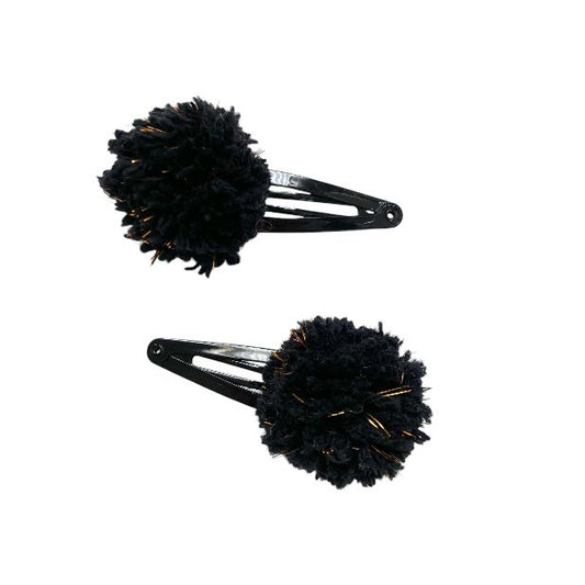 Luna -Leena Hair Clips POM POM 2X - Zwart en Gold Flakes - Soft Wol - Handmade in Nepal