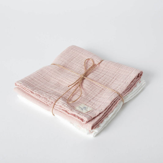 Organicera organische katoenen mousseline set van 2 pc's, hand geborduurd, rose