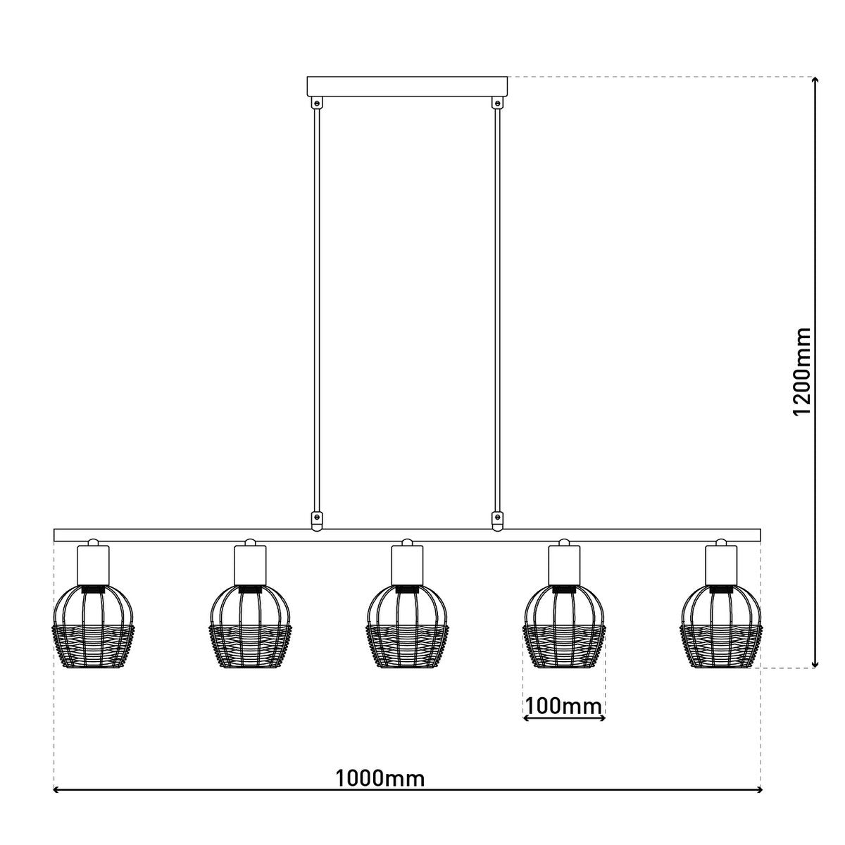 5 hanglamp "Corbis", echtelijke lamp gemaakt van zwart in zwart, met goud en rotan, met E14 -aansluiting, voor eetkamer, woonkamer, gang of kantoor, 100 cm lang
