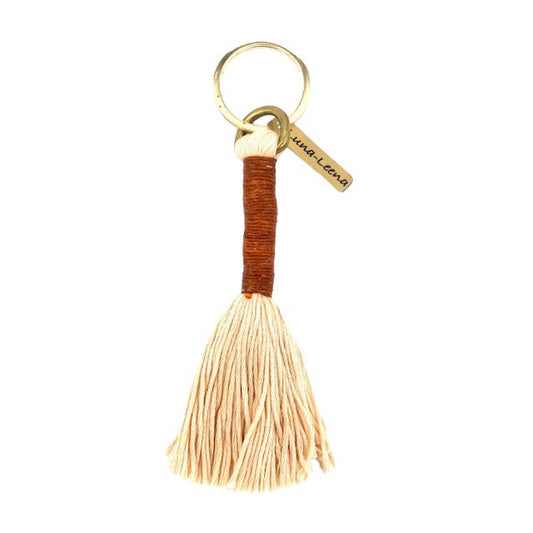 Luna -Leena Keychain Long Tassel Cream - Bag Charm - Organisch katoen en dun leer - Handgemaakt in Nepal - Bag Hanger