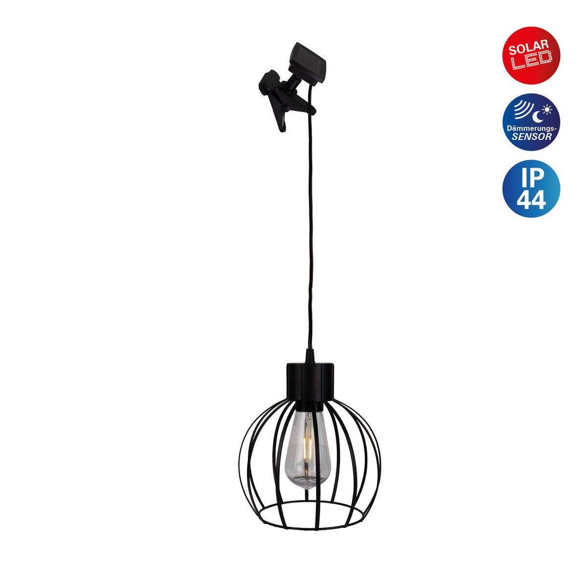 Solar / hanger lamp "rooster" gemaakt van zwart metaal, Ø 20 cm, inclusief stevig geïnstalleerde lampen, warm wit, voor de buitenruimte