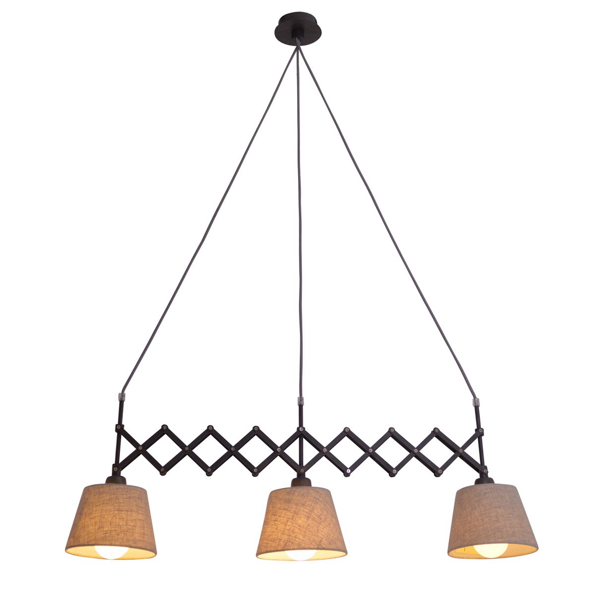 Shear hanger lamp "Adrienne", breedte uit te strekken van 52-100 cm, gemaakt van bruin metaal met natuurlijk gekleurde textiel parasols, E27-versies, verlichting voor woonkamer, eetkamer of kantoor