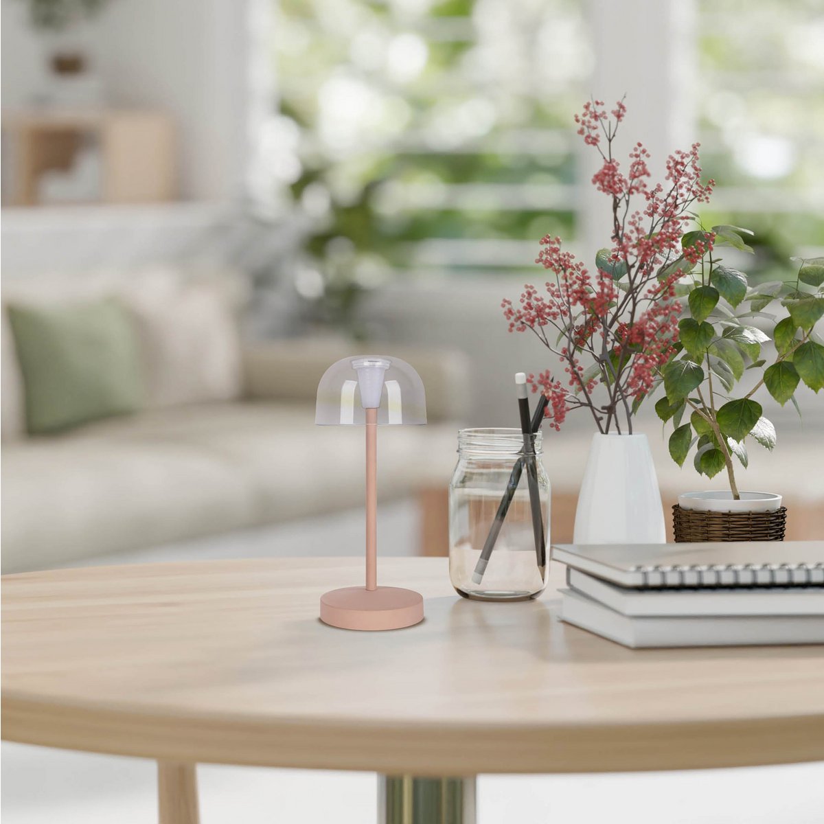 2-ex-ingestelde LED-batterijtafellamp "Gomba" voor buiten en binnen, gemaakt van metaal en plastic in matte amandel, 18,5 cm hoog