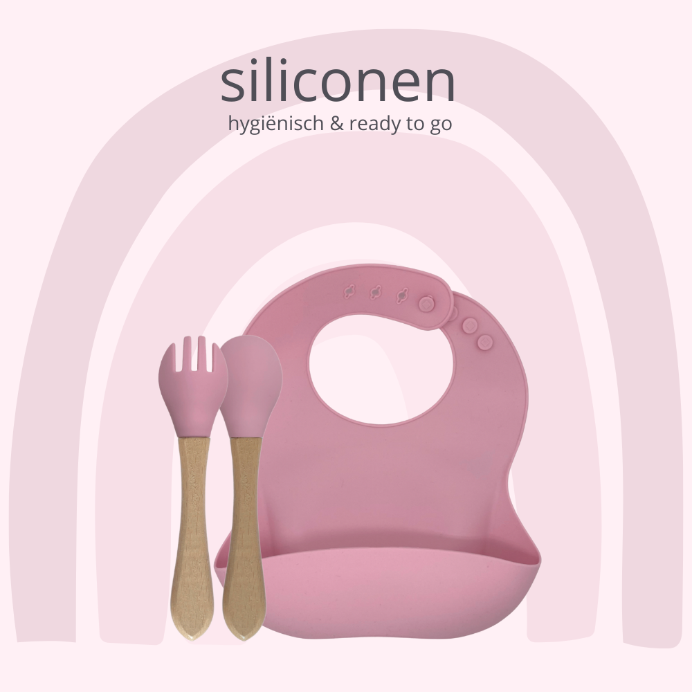 green-goose Siliconen Slabbetje en Bamboe Bestek - Roze