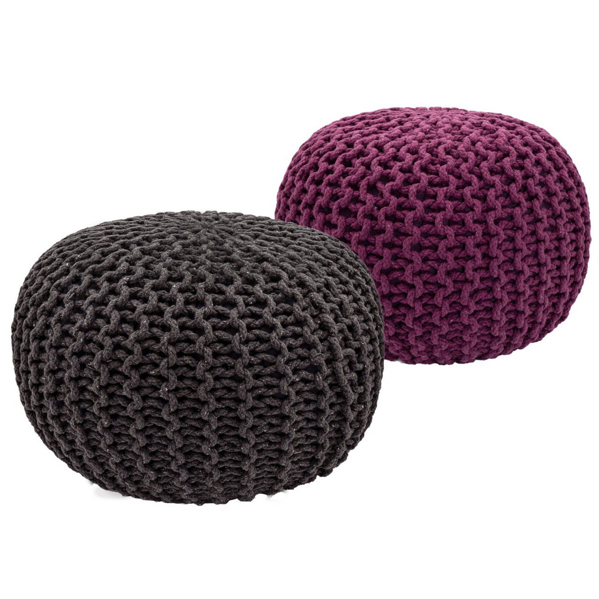 Sitzhocker Pouf SET 2 Stück Ø 55 cm H 37 cm Strickhocker Bodenkissen Grobstrick-Optik nachhaltig