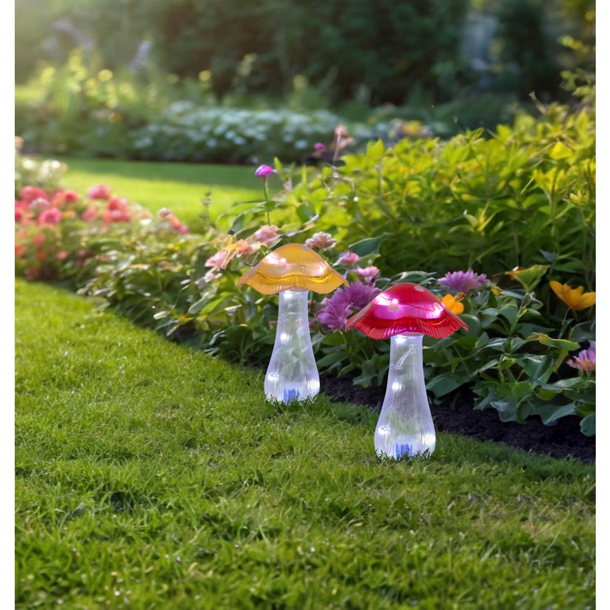 Zonne -decoratieve spiesjes zetten "mantar" Ø 13 cm, 29 cm hoog, transparant plastic in rood, geel en heldere, geïntegreerde LED's, koud wit "