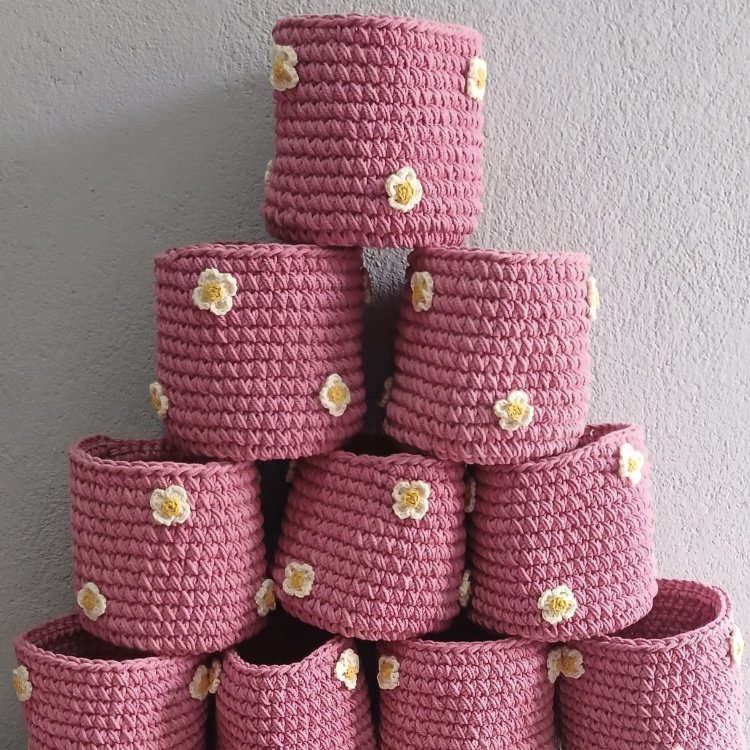 Luna -Leena -mand roze met organische bloemen - H13X12øcm - Dikke katoen - Handhaak in Nepal
